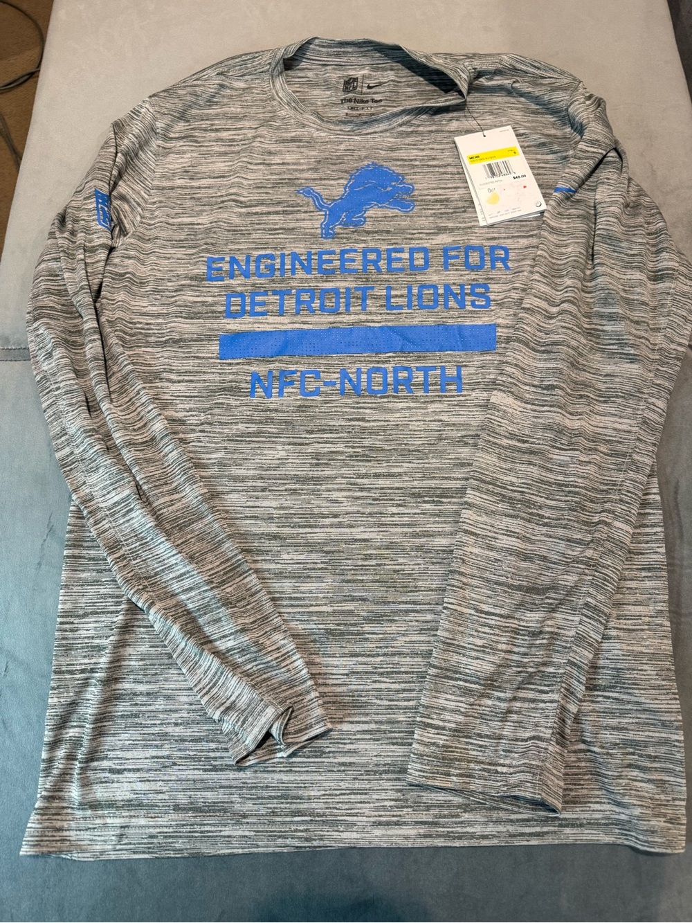 Nike Gray Heather Long Sleeve Tee with Blue Detroit Lions Graphics